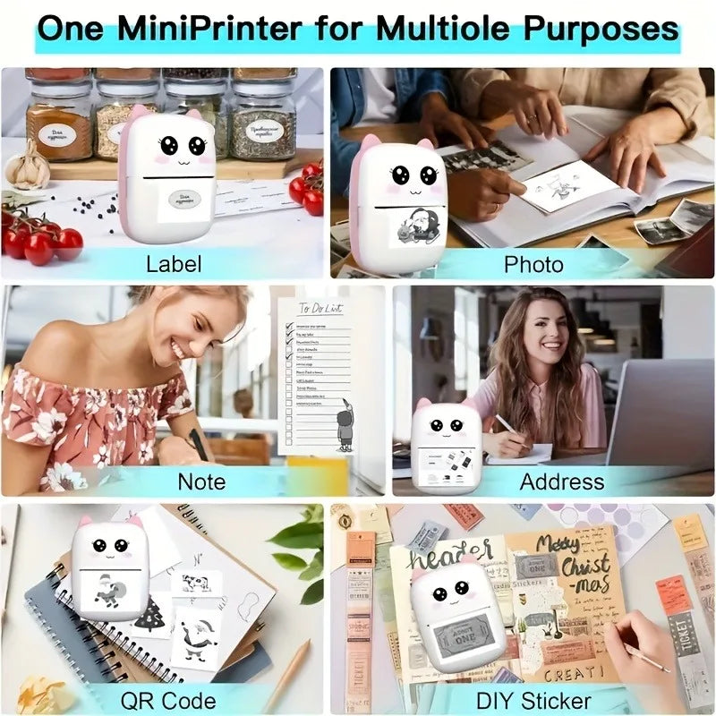 Mini thermal printer uses: labels, photos, notes, QR codes and DIY stickers