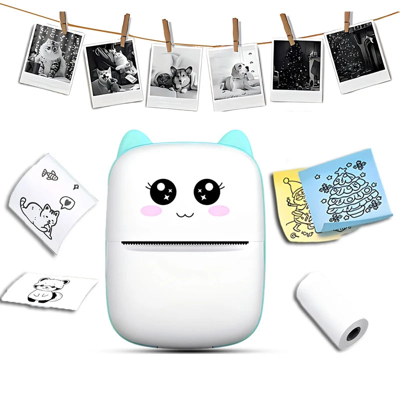 Mini pocket thermal printer with printed photo stickers and paper roll