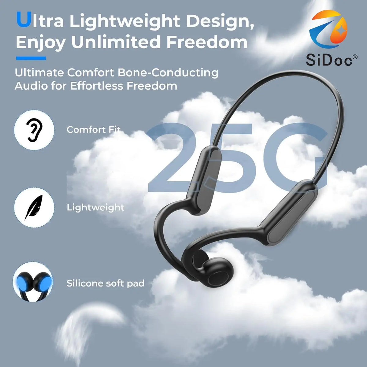 Ultra lightweight bone conduction headphones weighing 25 g
