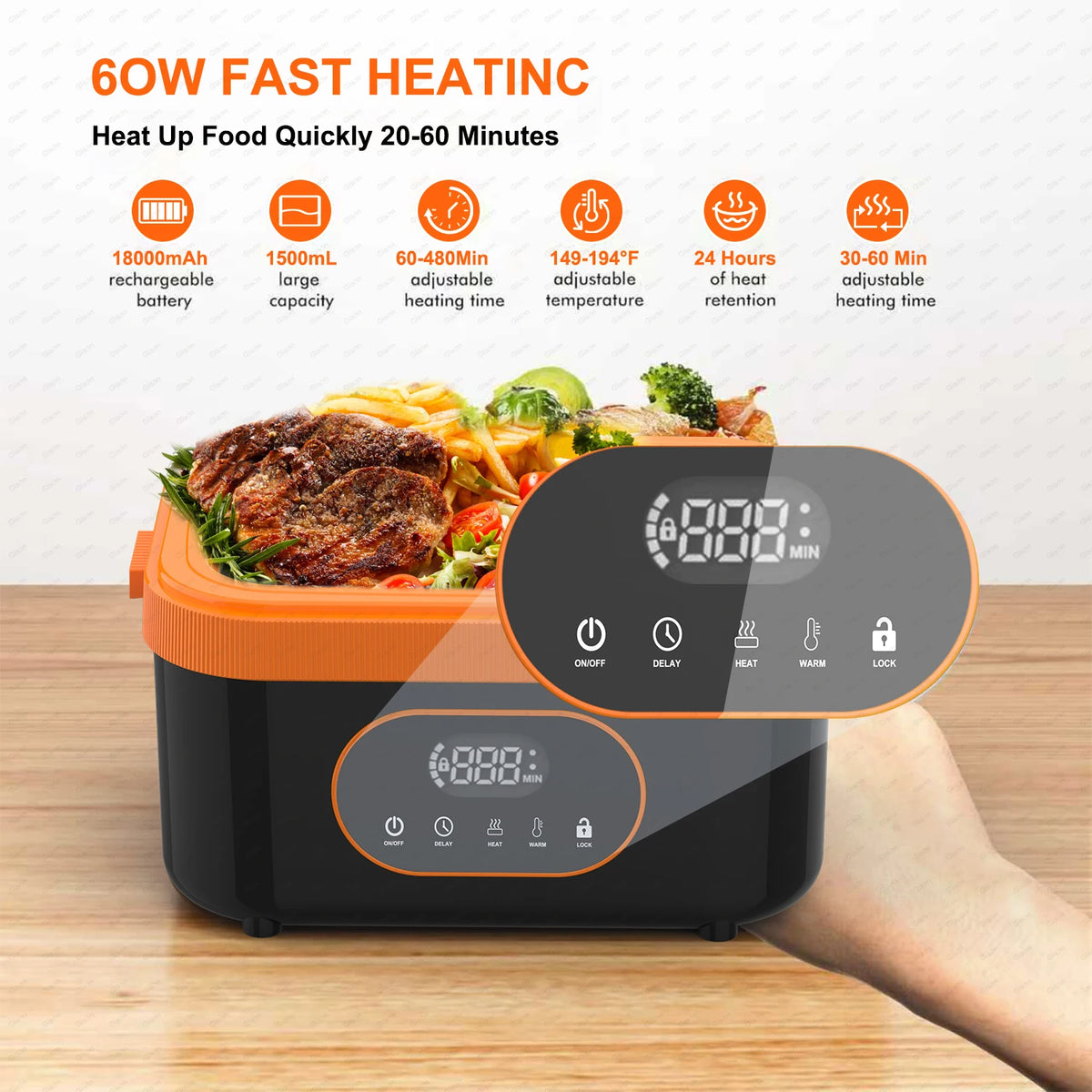 Electric lunch box 60W fast heating with steak and vegetables
