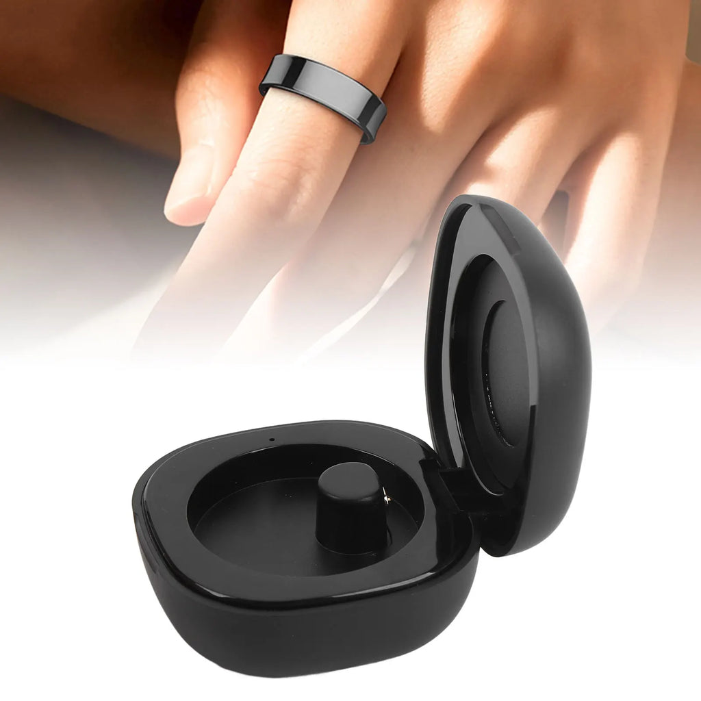 Smart ring in its open charging case