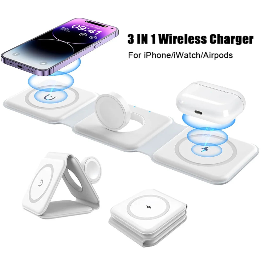3-in-1 foldable magnetic wireless charger charging iPhone, Apple Watch and AirPods