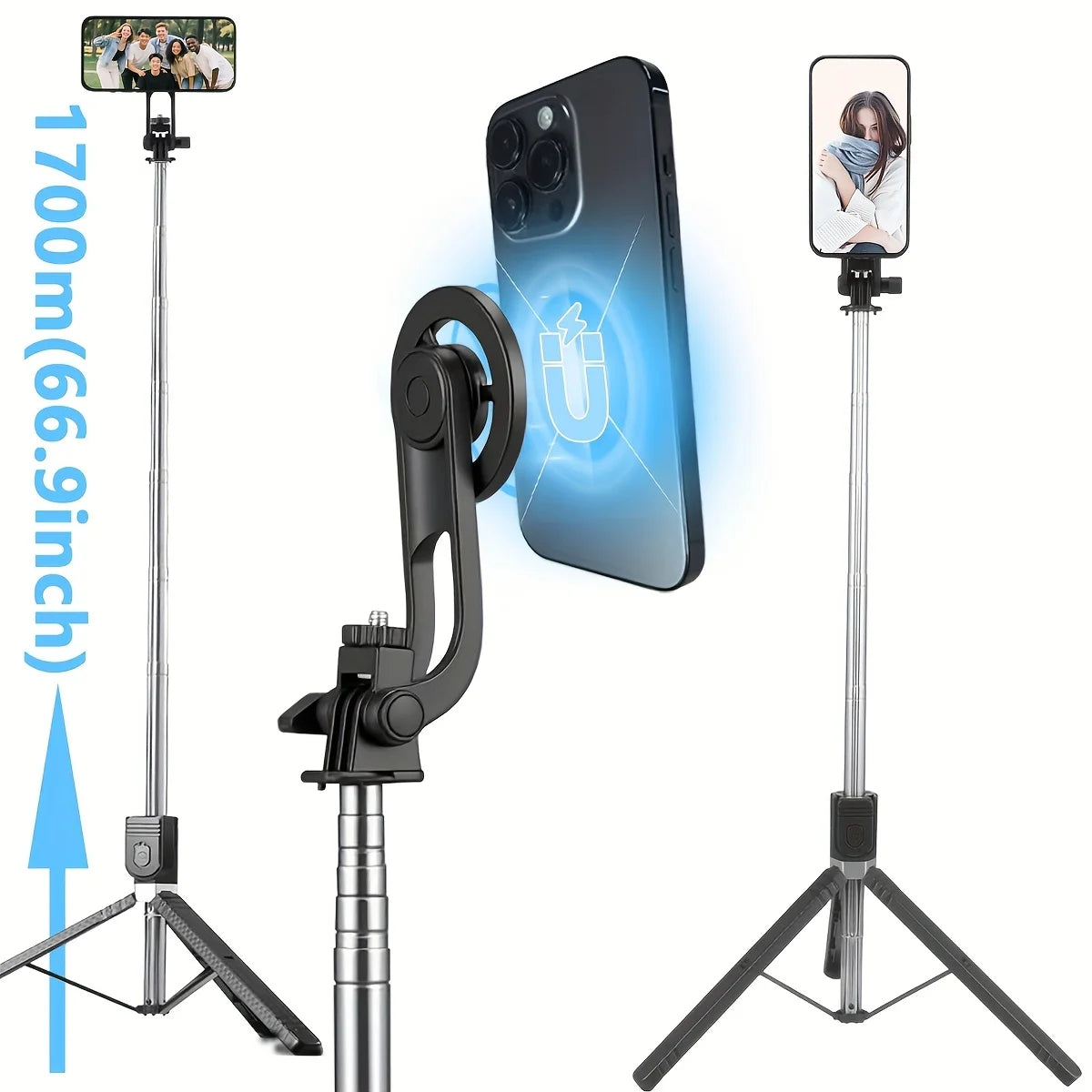 Magnetic selfie stick tripod extended to 170 cm holding a phone