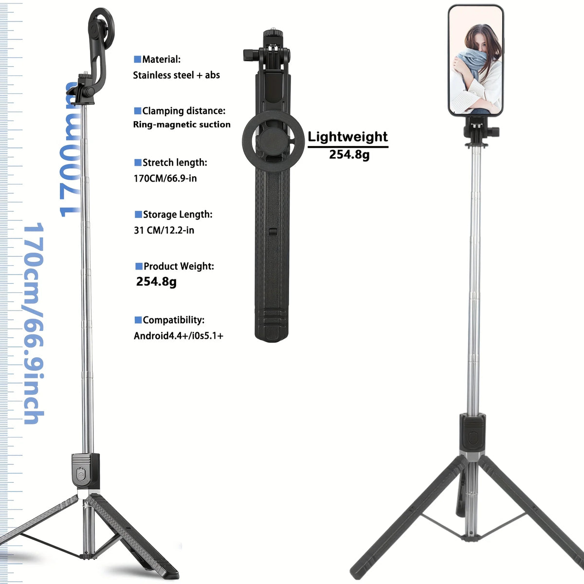 Magnetic selfie stick tripod specifications and folded size
