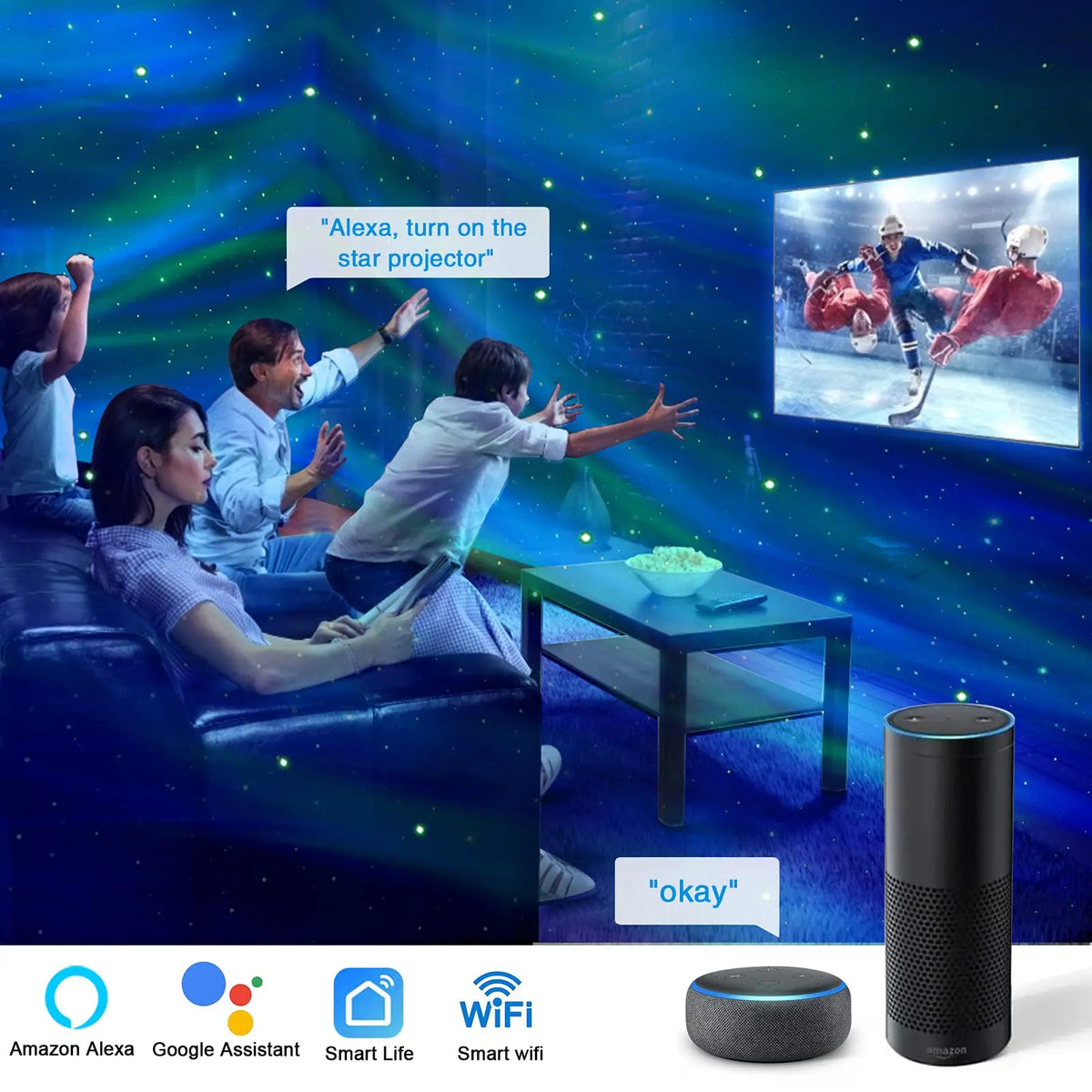 Galaxy projector controlled by voice assistant and app