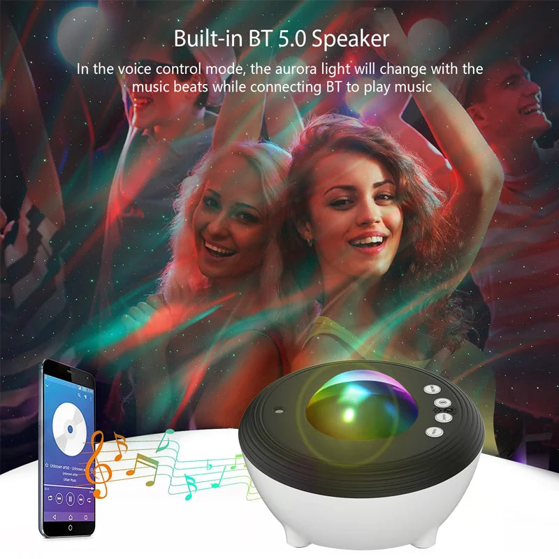 Galaxy star projector with built-in Bluetooth speaker lighting up a room