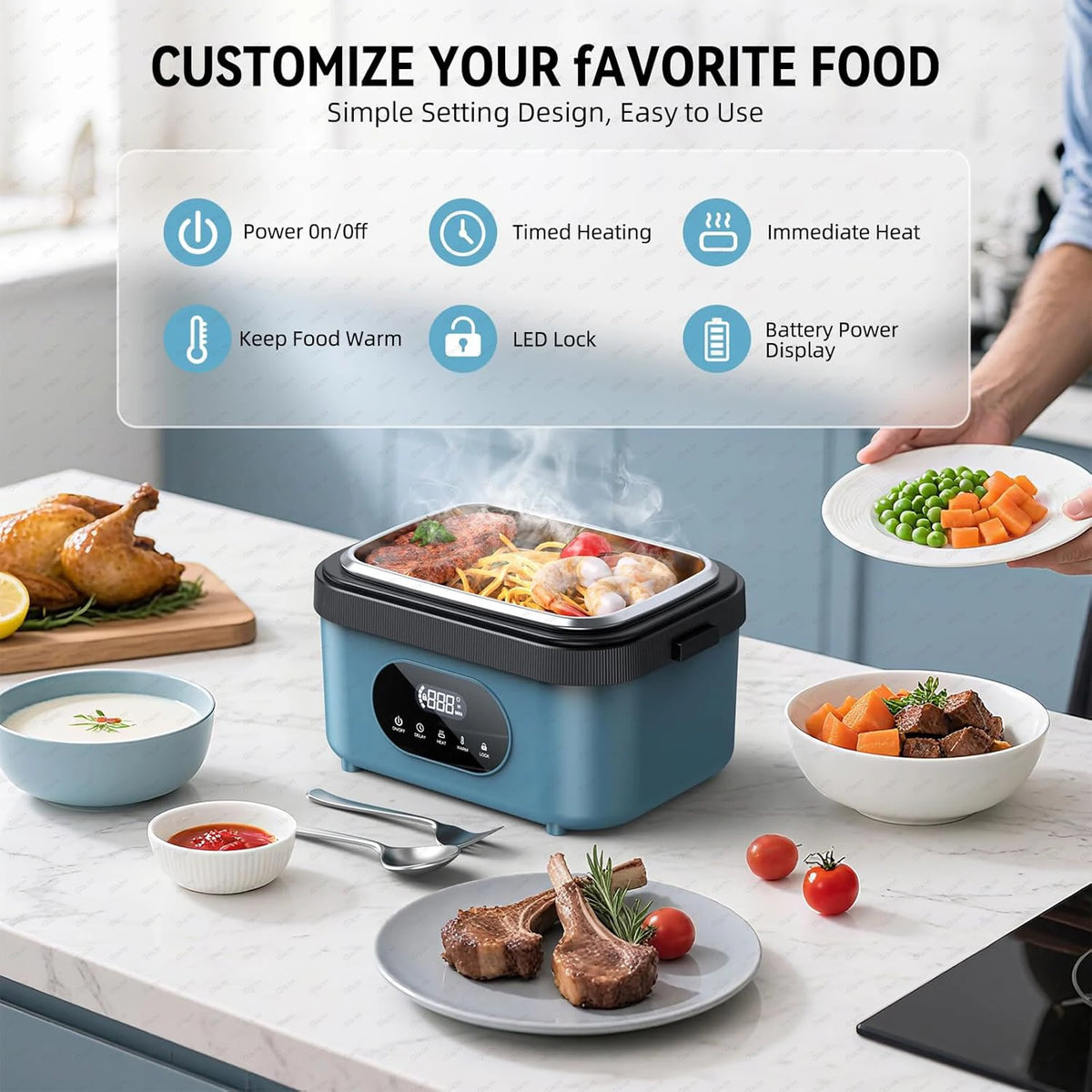 Electric heated lunch box with hot meal and touch control panel