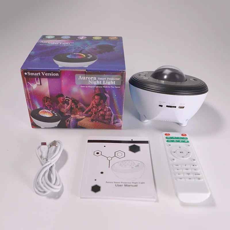 Galaxy projector package contents with remote, cable and manual