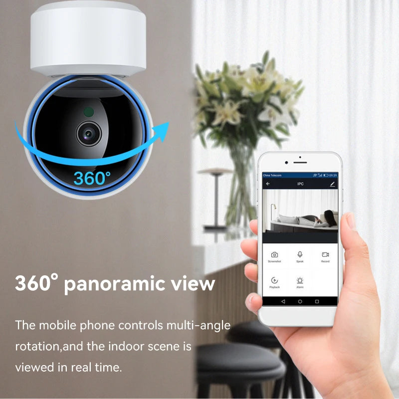 Indoor Wi-Fi camera with 360 degree panoramic view controlled from a phone