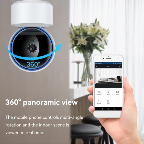 Indoor Wi-Fi camera with 360 degree panoramic view controlled from a phone