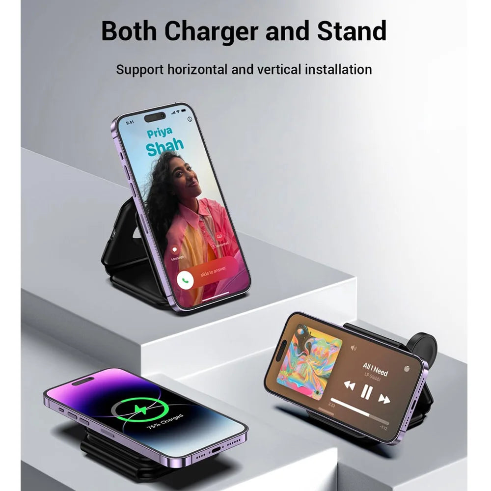 3-in-1 wireless charger used as a phone stand in horizontal and vertical positions