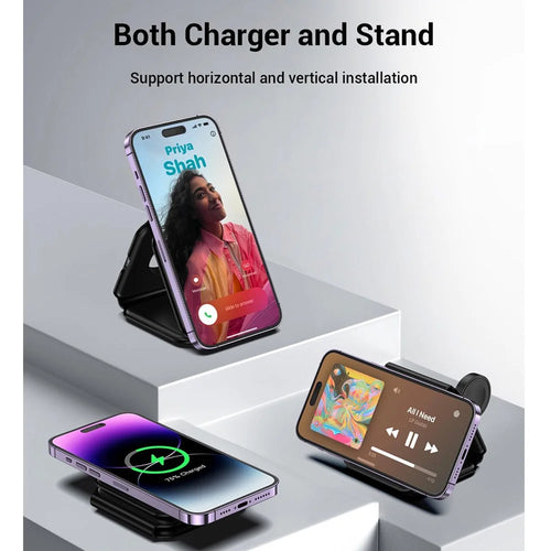 3-in-1 wireless charger used as a phone stand in horizontal and vertical positions
