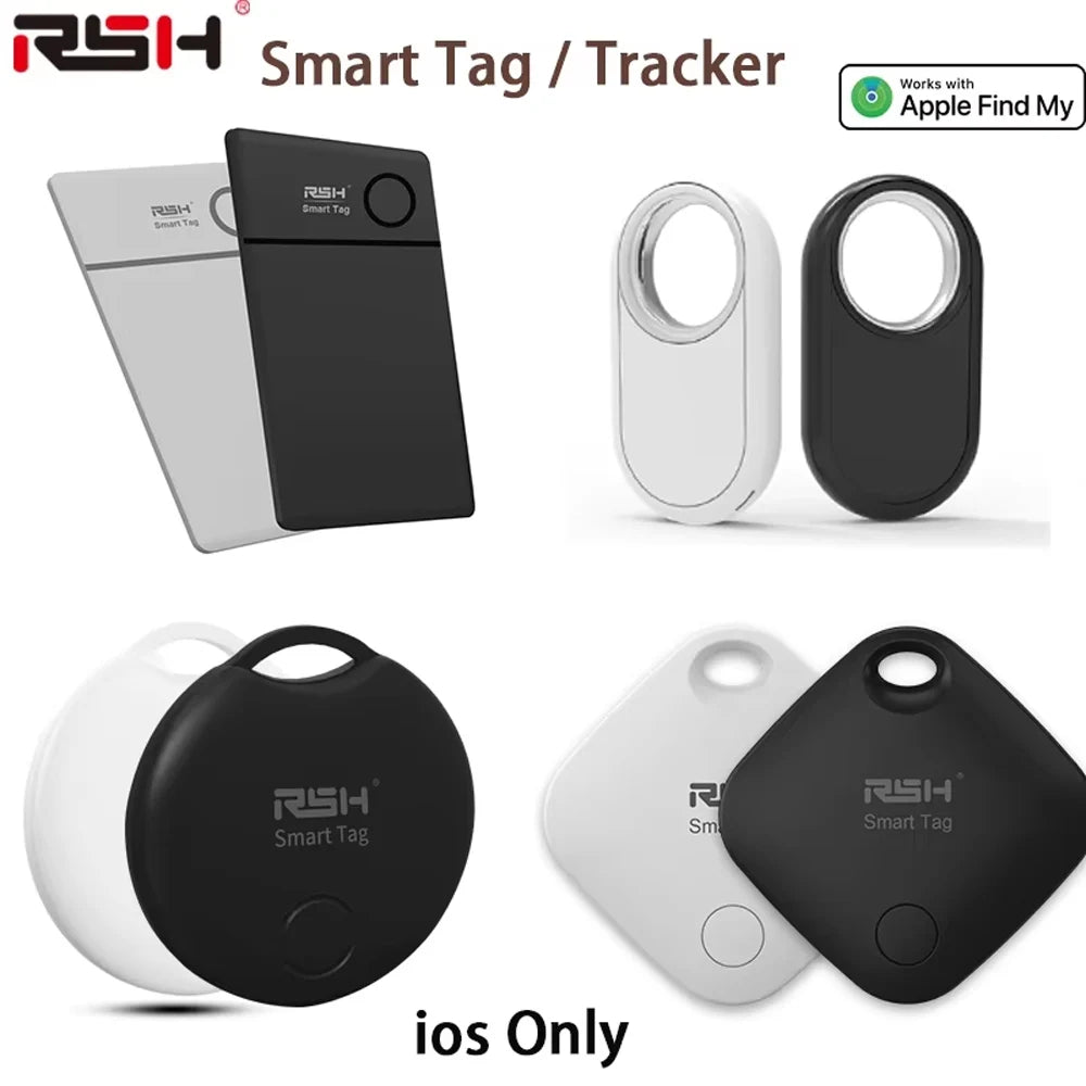 Smart Tag trackers in black and white with keyring accessories